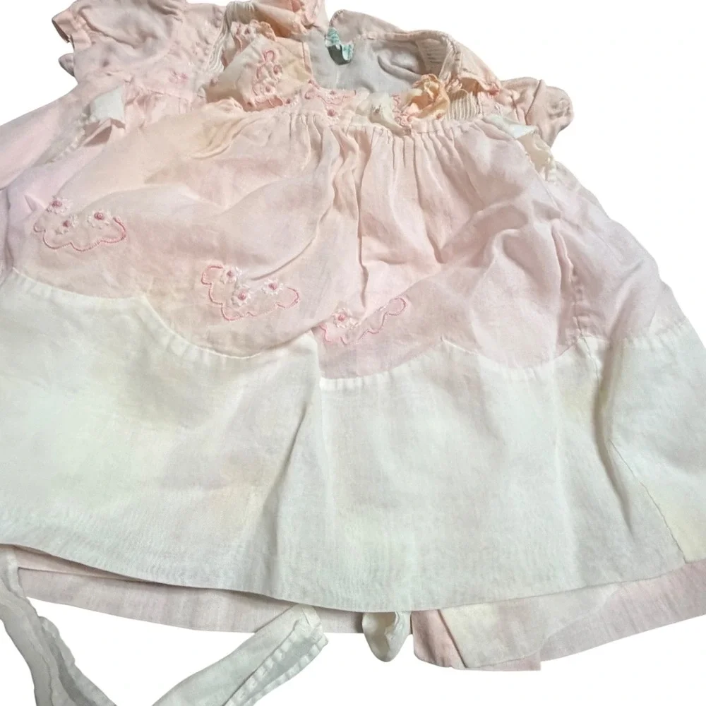 Vintage Cherubs Handmade Baby Dress and Pinafore Set Pink Embroidered Size L